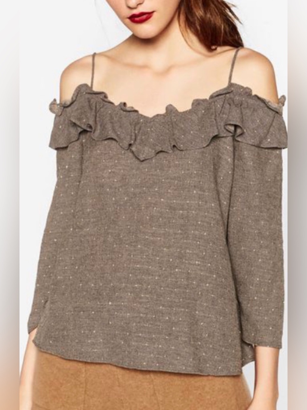 Zara Basic Off-The-Shoulder Ruffle Top Gray w/Gold Metallic polka dot details XS